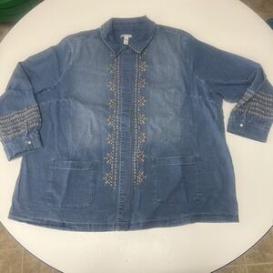 Canyon Retreat Trendy Embroidered Denim‎ Snap Front Top 2X Plus Size Blue Shirt